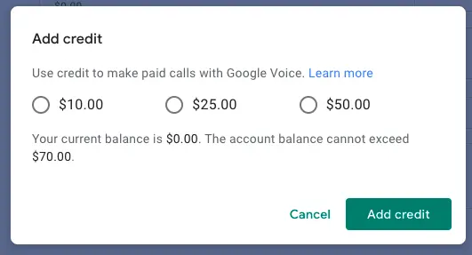 google voice app screenshot add credit setting