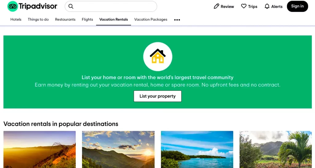 screenshot of one of the many Airbnb alternatives, tripadvisor