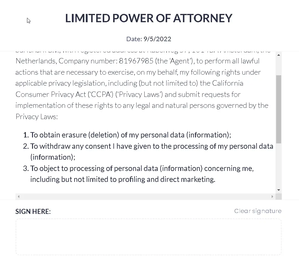 incogni power of attorney screenshot