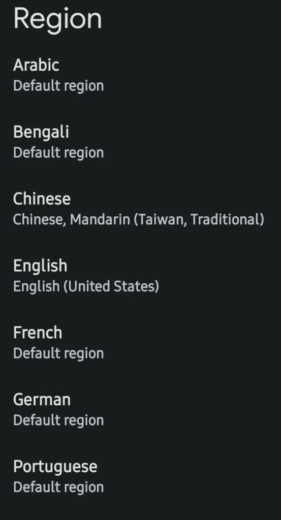Google Translate region settings screenshot