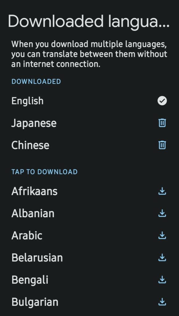Google Translate offline language download settings