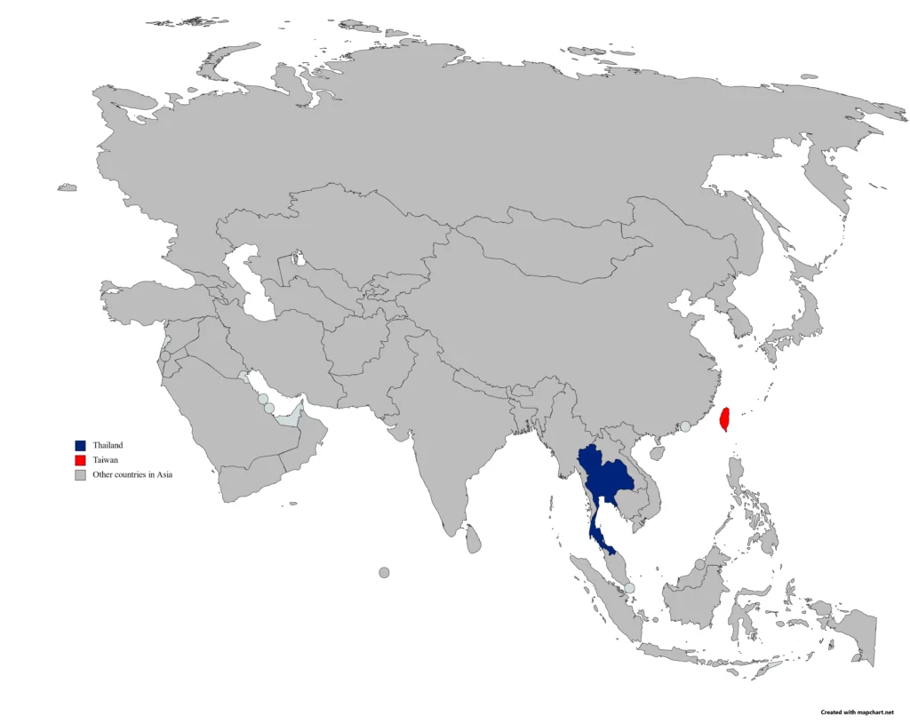 locations of thailand and taiwan on a map